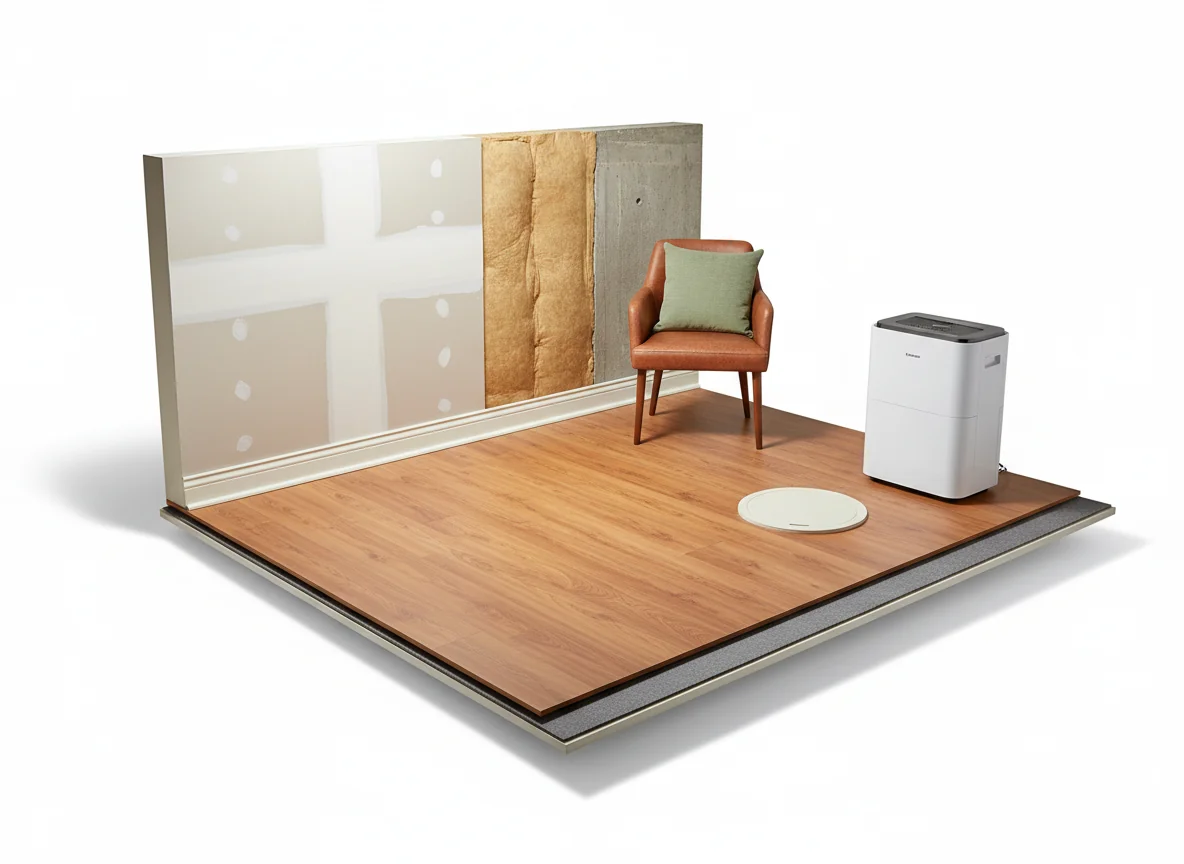 Photoreal basement render with cutaway labels indicating luxury vinyl plank floor, mold-resistant drywall, foam insulation, and a dehumidifier in the utility corner, isolated on a pure white studio background