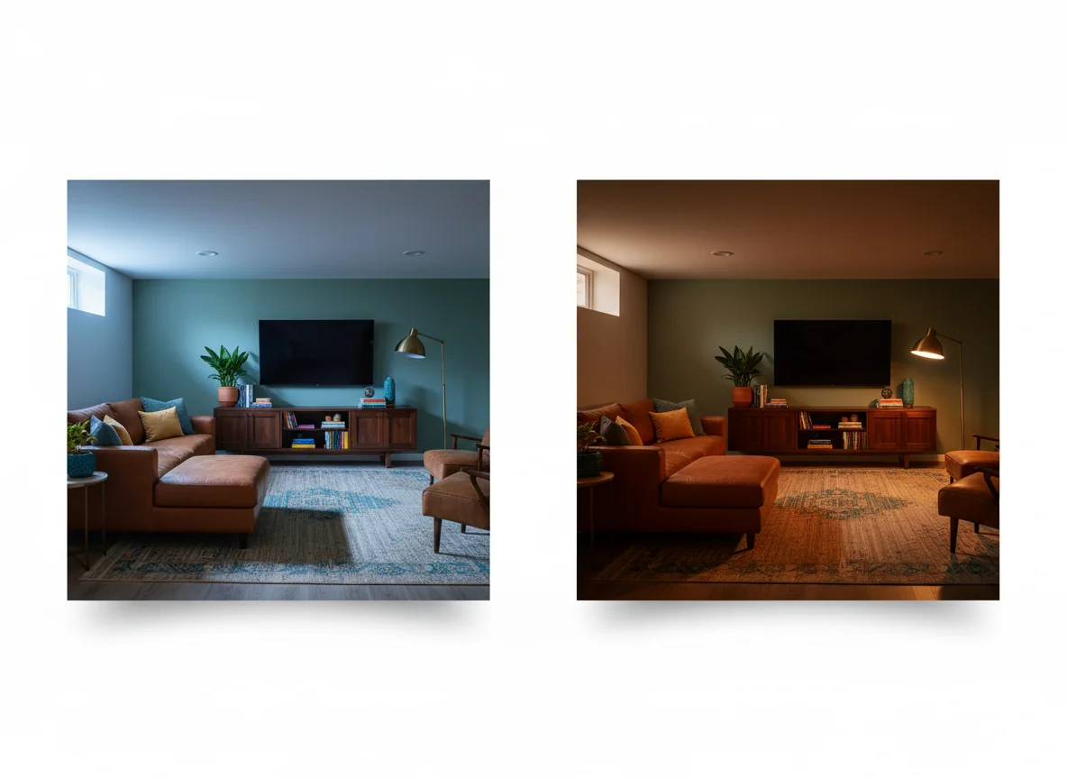 Two-panel basement render showing the same low-ceiling rec room first under daylight then under warm evening lamp light, isolated on a pure white studio background