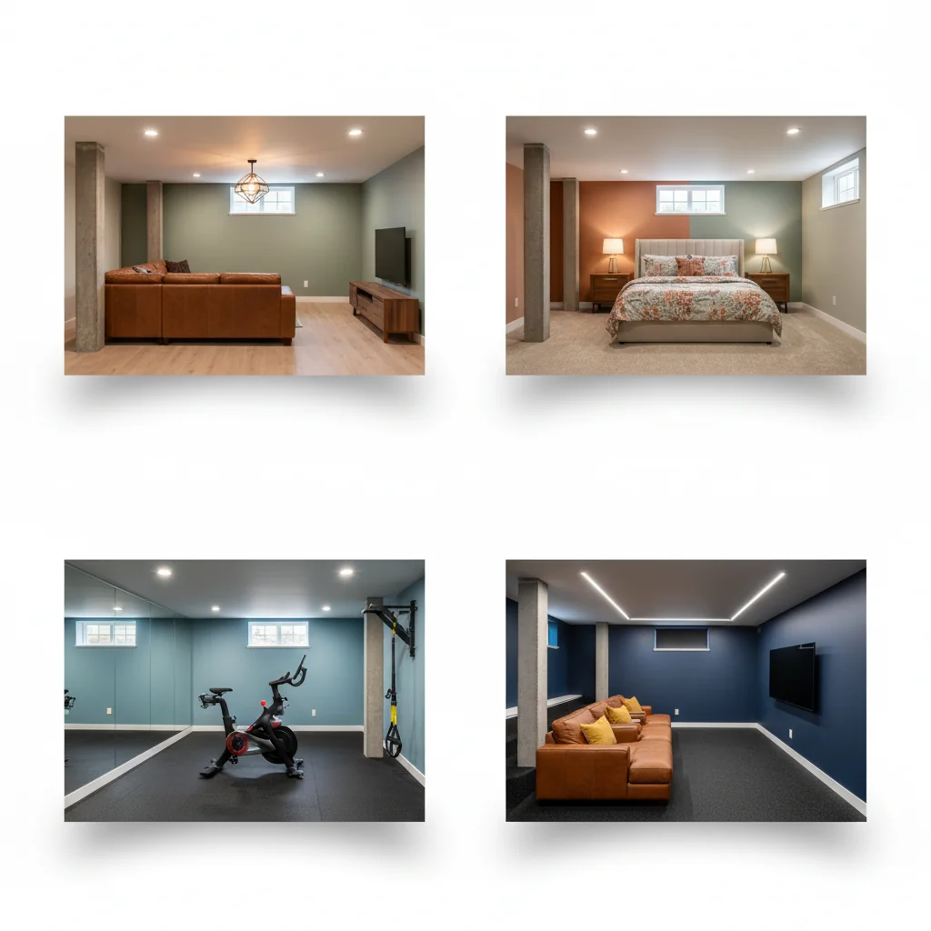 Four-panel basement render showing the same starting basement converted into a rec room, a guest suite, a home gym, and a media room, isolated on a pure white studio background