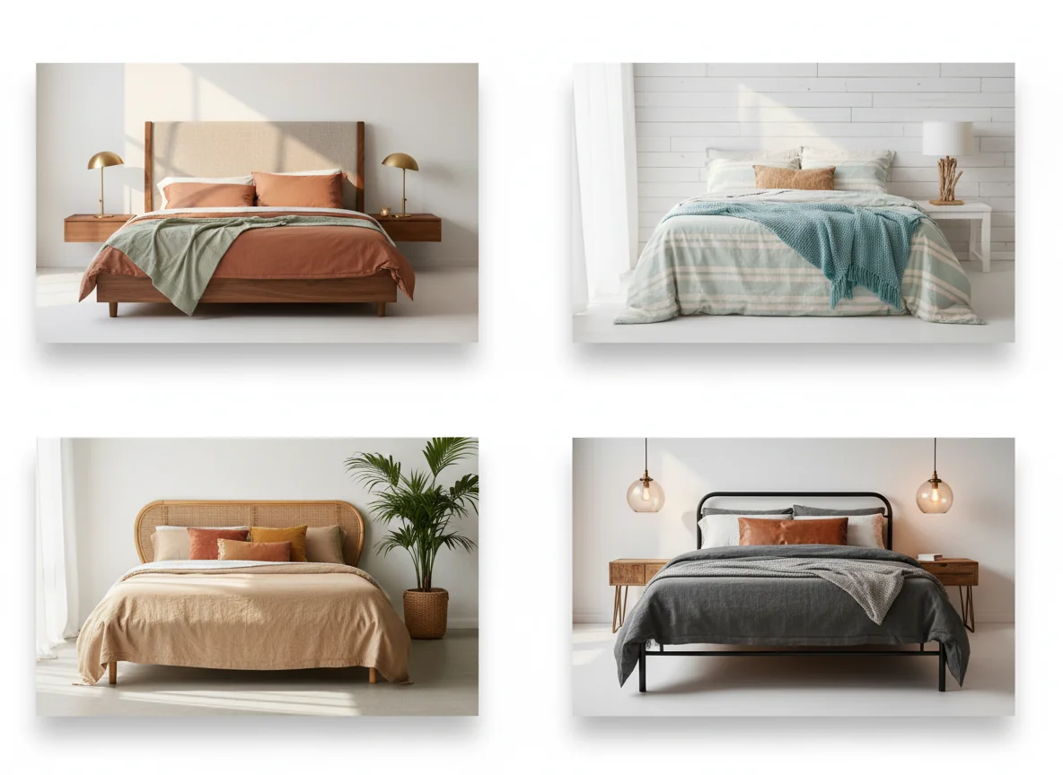 Four photoreal AI-generated bedroom renders in a 2x2 grid on a pure white background, showing modern, coastal, tropical, and industrial styles