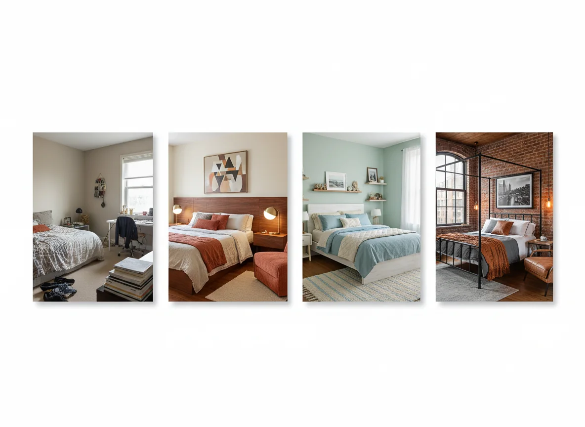 Side-by-side strip comparing one raw bedroom photo with three AI-generated style variations — modern, coastal, and industrial — on a pure white background