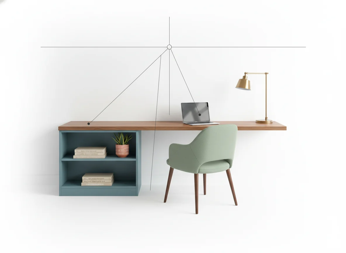 Photoreal AI-generated split view labeling a home office's desk run, chair geometry, monitor angle, and storage proximity on a pure white studio background