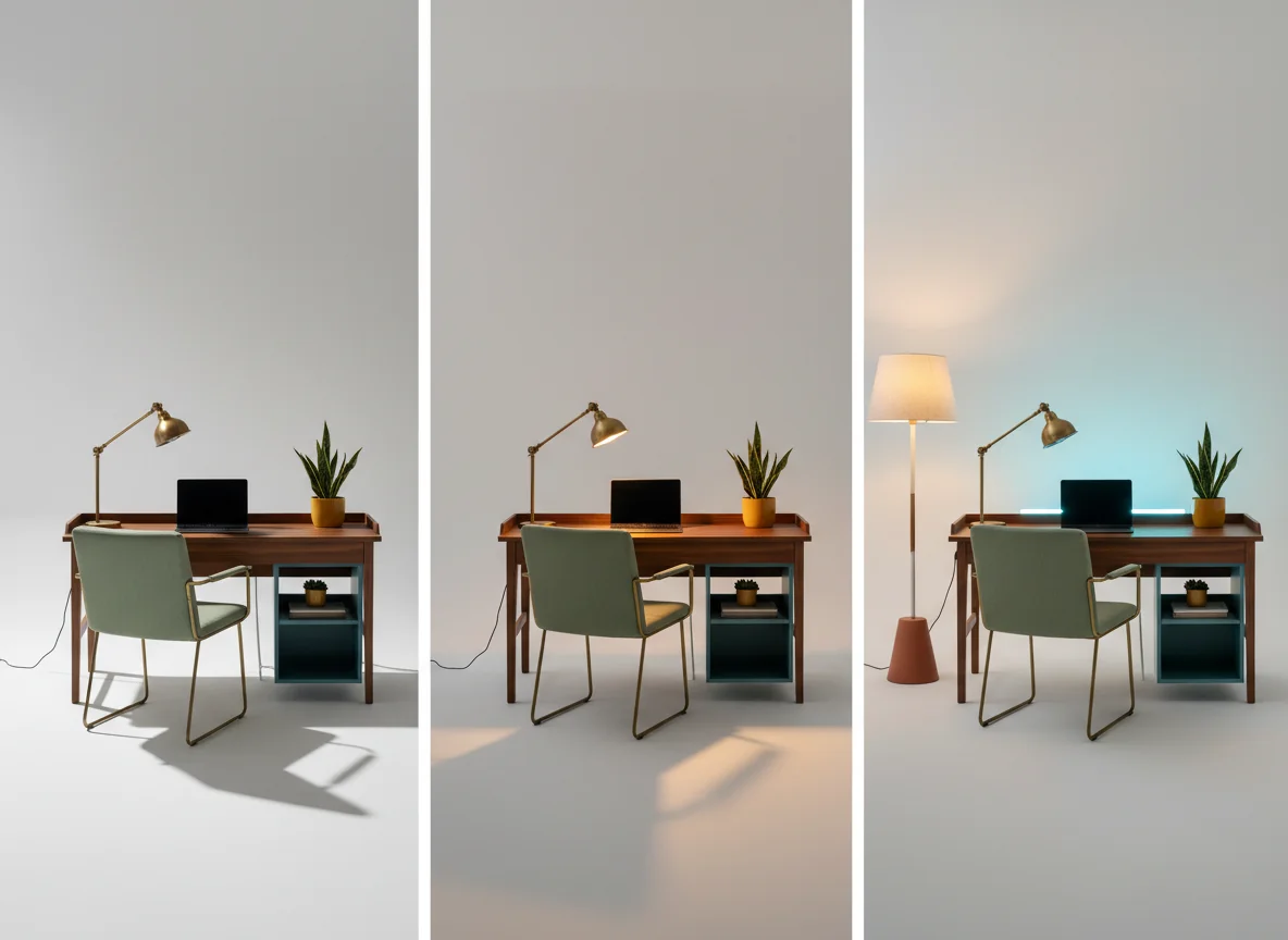 Photoreal AI-generated comparison of the same home office under three lighting setups — overhead-only, single desk lamp, and three-layer task plus ambient plus key light — on a pure white studio background