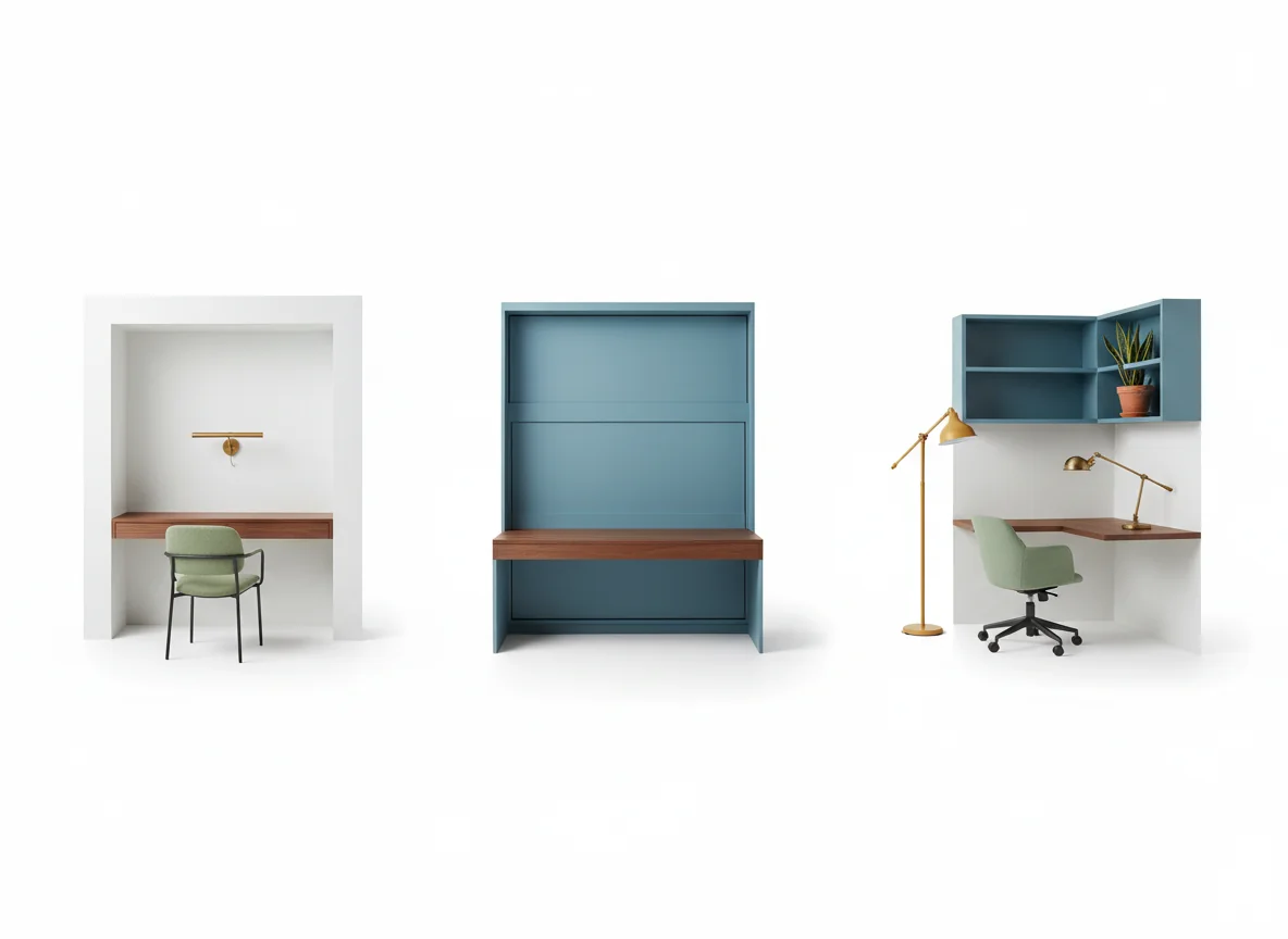 Three photoreal AI-rendered home office variations showing a wall-mounted alcove desk, a Murphy bed and desk hybrid, and a corner workstation with layered lighting on a pure white studio background