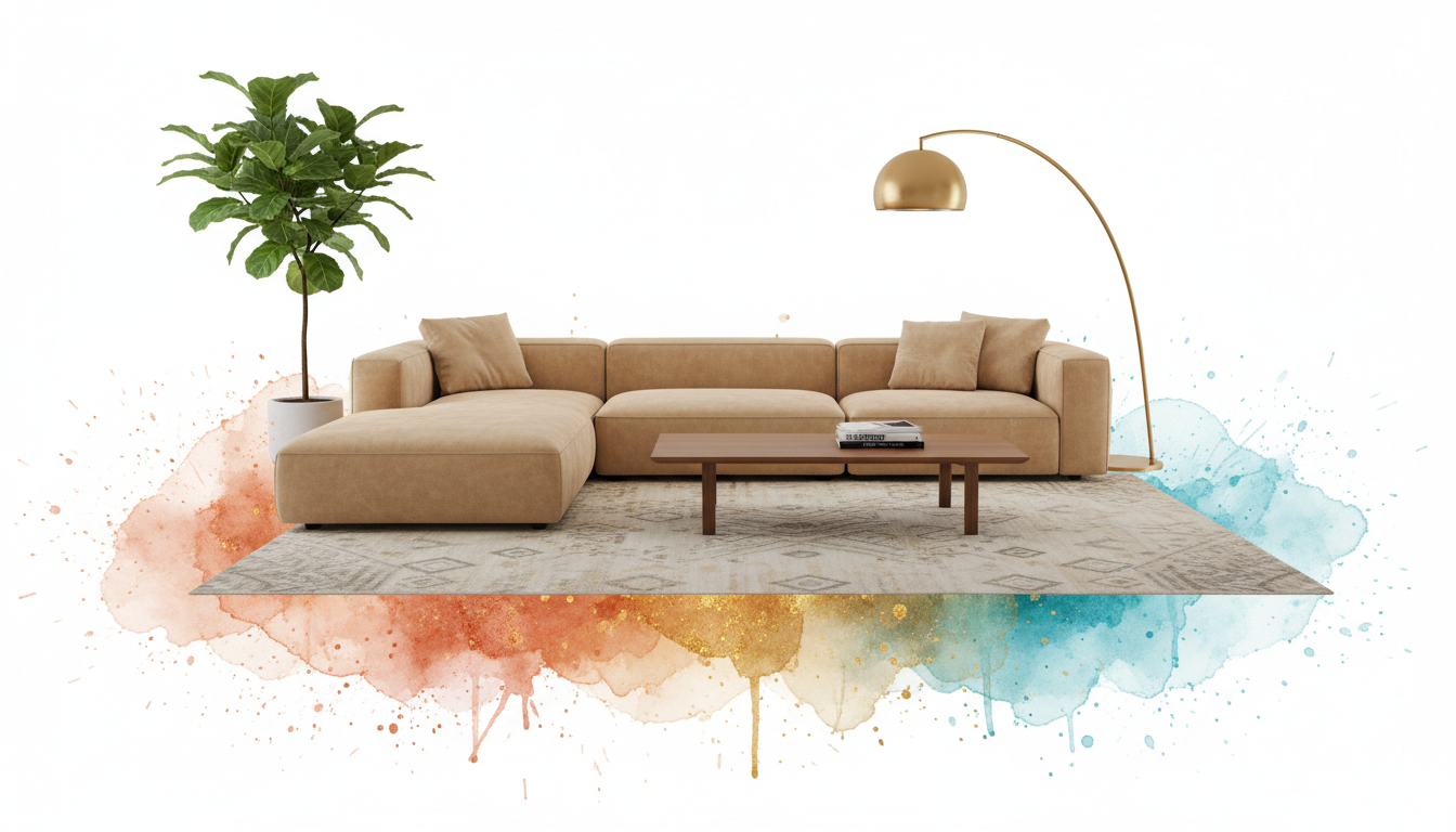 AI living room design render showing a modern sofa, layered rug, and warm lighting generated from a single room photo
