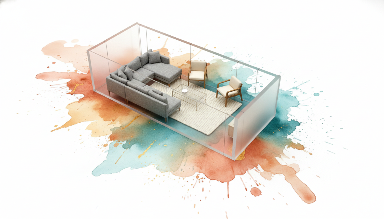 A scale model of a long narrow living room viewed from above, showing how AI-generated layouts solve the classic "bowling alley" problem with a floating sofa and defined conversation zone.