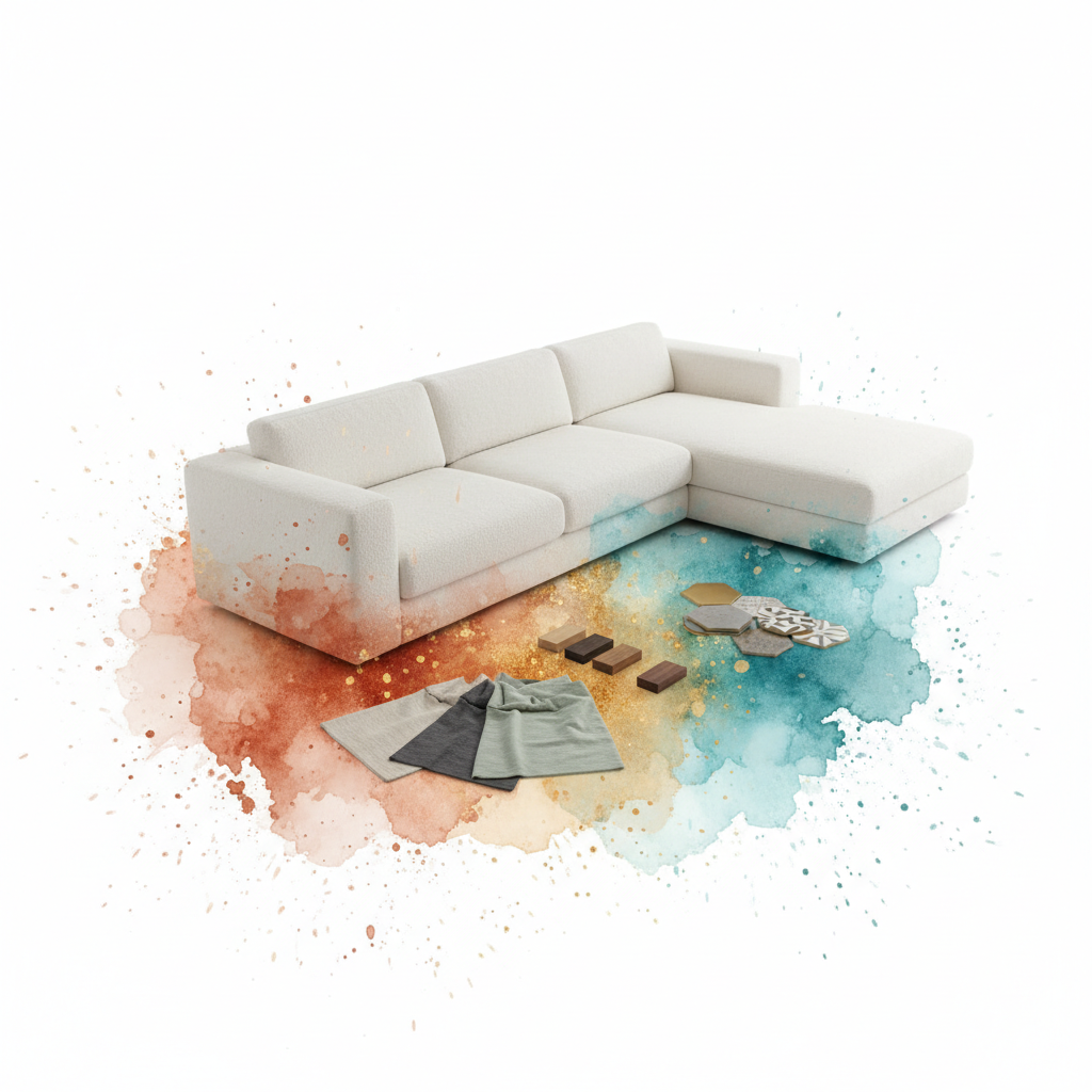 A modern low-profile sectional sofa with fabric swatches and material samples fanned around its base, illustrating how AI tools help you test styles, textures, and palettes before committing.