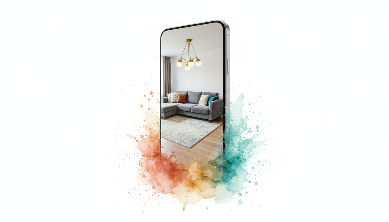 A smartphone held upright, its screen displaying a photorealistic render of a styled living room — the photo-to-render workflow at the heart of AI living room design.